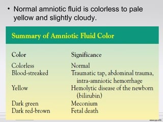 • Normal amniotic fluid is colorless to pale 
yellow and slightly cloudy. 
 