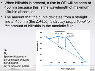 • When bilirubin is present, a rise in OD will be seen at 
450 nm because this is the wavelength of maximum 
bilirubin absorption. 
• The amount that the curve deviates from a straight 
line at 450 nm (the ΔA450) is directly proportional to 
the amount of bilirubin in the amniotic fluid. 
Fig: 
Spectrophotometric 
bilirubin scan showing 
bilirubin and 
oxyhemoglobin peaks. 
 