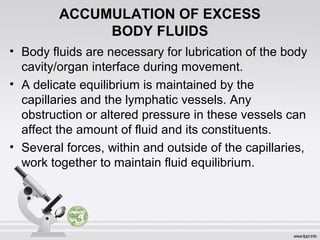 ACCUMULATION OF EXCESS 
BODY FLUIDS 
• Body fluids are necessary for lubrication of the body 
cavity/organ interface during movement. 
• A delicate equilibrium is maintained by the 
capillaries and the lymphatic vessels. Any 
obstruction or altered pressure in these vessels can 
affect the amount of fluid and its constituents. 
• Several forces, within and outside of the capillaries, 
work together to maintain fluid equilibrium. 
 