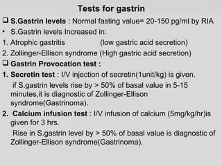 Tests for gastrin 
 S.Gastrin levels : Normal fasting value= 20-150 pg/ml by RIA 
• S.Gastrin levels Increased in: 
1. Atrophic gastritis (low gastric acid secretion) 
2. Zollinger-Ellison syndrome (High gastric acid secretion) 
 Gastrin Provocation test : 
1. Secretin test : I/V injection of secretin(1unit/kg) is given. 
if S.gastrin levels rise by > 50% of basal value in 5-15 
minutes,it is diagnostic of Zollinger-Ellison 
syndrome(Gastrinoma). 
2. Calcium infusion test : I/V infusion of calcium (5mg/kg/hr)is 
given for 3 hrs. 
Rise in S.gastrin level by > 50% of basal value is diagnostic of 
Zollinger-Ellison syndrome(Gastrinoma). 
 