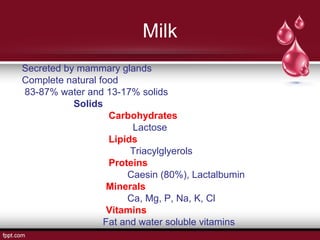 Milk
Secreted by mammary glands
Complete natural food
83-87% water and 13-17% solids
Solids
Carbohydrates
Lactose
Lipids
Triacylglyerols
Proteins
Caesin (80%), Lactalbumin
Minerals
Ca, Mg, P, Na, K, Cl
Vitamins
Fat and water soluble vitamins
 