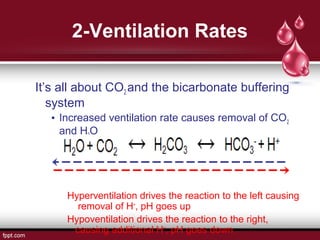 2-Ventilation Rates
It’s all about CO2 and the bicarbonate buffering
system
• Increased ventilation rate causes removal of CO2
and H2O
Hyperventilation drives the reaction to the left causing
removal of H+
, pH goes up
Hypoventilation drives the reaction to the right,
causing additional H+
, pH goes down
 