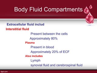 Body Fluid Compartments
Extracellular fluid includ
Interstitial fluid
Present between the cells
Approximately 80%
Plasma
Present in blood
Approximately 20% of ECF
Also includes
Lymph
synovial fluid and cerebrospinal fluid
 