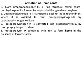 Formation of Heme contd.
5. From uroporphobilinogen-III, a ring structure called copro-
porphyrinogen-III is formed by uroporphobilinogen decarboxylase.
6. Coproporphyrinogen-III is transported back to the mitochondrion,
where it is oxidized to form protoporphyrinogen-IX by
coproporphyrinogen oxidase
7. Protoporphyrinogen-IX is converted into protoporphyrin-IX by
protoporphyrinogen oxidase.
8. Protoporphyrin IX combines with iron to form heme in the
presence of ferrochelatase
 