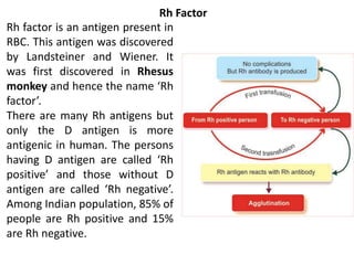 Rh factor is an antigen present in
RBC. This antigen was discovered
by Landsteiner and Wiener. It
was first discovered in Rhesus
monkey and hence the name ‘Rh
factor’.
There are many Rh antigens but
only the D antigen is more
antigenic in human. The persons
having D antigen are called ‘Rh
positive’ and those without D
antigen are called ‘Rh negative’.
Among Indian population, 85% of
people are Rh positive and 15%
are Rh negative.
Rh Factor
 