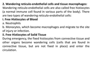 2. Wandering reticulo-endothelial cells and tissue macrophages:
Wandering reticulo-endothelial cells are also called free histiocytes
(a normal immune cell found in various parts of the body). There
are two types of wandering reticulo-endothelial cells:
i. Free Histiocytes of Blood
a. Neutrophils
b. Monocytes, which become macrophages and migrate to the site
of injury or infection.
ii. Free Histiocytes of Solid Tissue
During emergency, the fixed histiocytes from connective tissue and
other organs become wandering cells (cells that are found in
connective tissue, but are not fixed in place) and enter the
circulation.
 