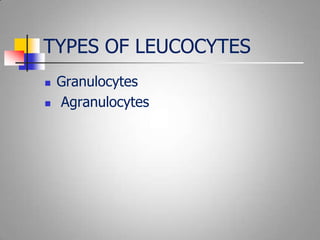 TYPES OF LEUCOCYTES
 Granulocytes
 Agranulocytes
 