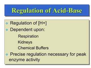 Regulation of Acid-Base
 Regulation of [H+]
 Dependent upon:
Respiration
Kidneys
Chemical Buffers
 Precise regulation necessary for peak
enzyme activity
 
