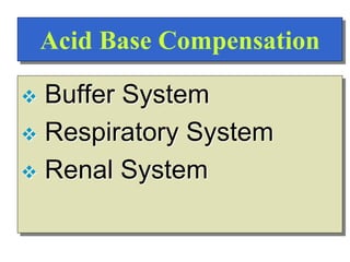 Acid Base Compensation
 Buffer System
 Respiratory System
 Renal System
 