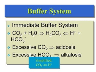 Buffer System
 Immediate Buffer System
 CO2 + H20  H2CO3  H+ +
HCO3
-
 Excessive CO2  acidosis
 Excessive HCO3
-
 ...