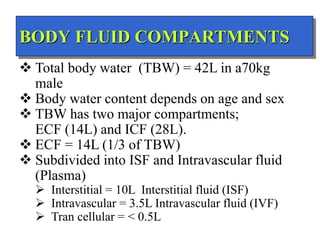 BODY FLUID COMPARTMENTS
 Total body water (TBW) = 42L in a70kg
male
 Body water content depends on age and sex
 TBW has...