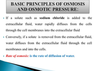 If a solute such as sodium chloride is added to the
extracellular fluid, water rapidly diffuses from the cells
through the cell membranes into the extracellular fluid
 Conversely, if a solute is removed from the extracellular fluid,
water diffuses from the extracellular fluid through the cell
membranes and into the cells.
 Rate of osmosis: is the rate of diffusion of water.
 