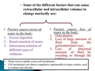  Some of the different factors that can cause
extracellular and intracellular volumes to
change markedly are:
• Factors causes excess of
water in the body:
1. Excess ingestion.
2. Renal retention of water.
3. Intravenous infusion of
different types of
solutions.
• Factors causes loss of
water in the body:
1. Dehydration.
2. Loss of large amounts of
fluid from the
gastrointestinal tract.
3. Loss of abnormal
amounts of fluid by
sweating or through the
kidneys.
• Water moves rapidly across cell membranes.
• Cell membranes are almost completely impermeable to many solutes, such
as sodium and chloride.
 