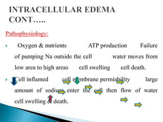 Pathophysiology:
 Oxygen & nutrients ATP production Failure
of pumping Na outside the cell water moves from
low area to high areas cell swelling cell death.
 Cell inflamed cell membrane permiability large
amount of sodium enter the cell then flow of water
cell swelling & death.
 
