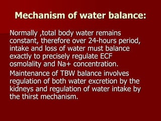 Mechanism of water balance:
Normally ,total body water remains
constant, therefore over 24-hours period,
intake and loss of water must balance
exactly to precisely regulate ECF
osmolality and Na+ concentration.
Maintenance of TBW balance involves
regulation of both water excretion by the
kidneys and regulation of water intake by
the thirst mechanism.
 