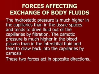FORCES AFFECTING
EXCHANGE OF BODY FLUIDS
The hydrostatic pressure is much higher in
the capillaries than in the tissue spaces
and tends to drive fluid out of the
capillaries by filtration. The osmotic
pressure is much higher in the blood
plasma than in the interstitial fluid and
tend to draw back into the capillaries by
osmosis.
These two forces act in opposite directions.
 
