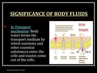 SIGNIFICANCE OF BODY FLUIDS
 In Transport
mechanism: Body
water forms the
transport medium by
which nutrients and
other essential
substances enter the
cells and wastes come
out of the cells.
Thursday, December 10, 2015
 