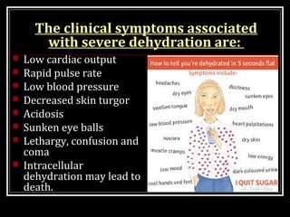 The clinical symptoms associated
with severe dehydration are:
 Low cardiac output
 Rapid pulse rate
 Low blood pressure
 Decreased skin turgor
 Acidosis
 Sunken eye balls
 Lethargy, confusion and
coma
 Intracellular
dehydration may lead to
death.
 