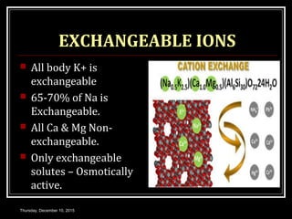 EXCHANGEABLE IONS
 All body K+ is
exchangeable
 65-70% of Na is
Exchangeable.
 All Ca & Mg Non-
exchangeable.
 Only exchangeable
solutes – Osmotically
active.
Thursday, December 10, 2015
 