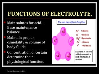 FUNCTIONS OF ELECTROLYTE.
 Main solutes for acid-
Base maintenance
balance.
 Maintain proper
osmolality & volume of
body fluids.
 Concentration of certain
determine their
physiological function.
Thursday, December 10, 2015
 