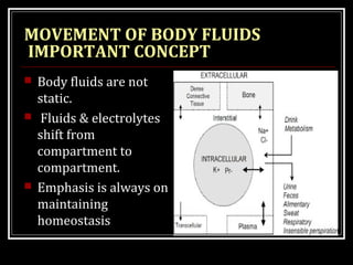 MOVEMENT OF BODY FLUIDS
IMPORTANT CONCEPT
 Body fluids are not
static.
 Fluids & electrolytes
shift from
compartment to
compartment.
 Emphasis is always on
maintaining
homeostasis
 