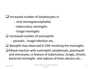  Increased number of lymphocytes in
- viral meningoencephalitis
- tuberculous meningitis
- fungal meningitis
 Increased number of eosinophils
- parasitic , fungal infection etc..
 Basophil may observed in CML Involving the meningitis
Mixed reaction with nuetrophil ,lymphocyte ,plasmacell
and monocytes ,is feature of tuberculous ,fungal, chronic
bacterial meningitis and rapture of brain abscess etc…
10/13/2018 21
SUNIL KUMAR.P ST.JOHN'S MEDICAL
COLLEGE
 