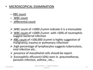 • MICROSCOPICAL EXAMINATION
– RBC count
– WBC count
– differential count
 WBC count of <1000 /cumm indicate it is a transudate
 WBC count of >1000 /cumm with >50% of neutrophils
suggest bacterial infection
 RBC count of >100,000 /cumm is highly suggestive of
malignancy, trauma or pulmonary infarction
 high percentage of lymphocytes suggests tuberculosis,
viral infection etc..
 presence of mesothelial cells should be report.
 Eosinophilic effusion(>10%) seen in pneumothorax,
parasitic infection, asthma , etc…
10/13/2018 41
SUNIL KUMAR.P ST.JOHN'S MEDICAL
COLLEGE
 