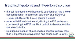 EFFECT OF ADDING SALINE SOLUTION TO ECF
• If a hypertonic solution is added to the ECF,
– the extracellular osmolarity inc...