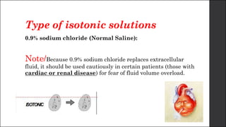Type of isotonic solutions
0.9% sodium chloride (Normal Saline):
Note/Because 0.9% sodium chloride replaces extracellular
fluid, it should be used cautiously in certain patients (those with
cardiac or renal disease) for fear of fluid volume overload.
 