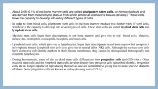 • About 0.05–0.1% of red bone marrow cells are called pluripotent stem cells. or hemocytoblasts and
are derived from mesenchyme (tissue from which almost all connective tissues develop). These cells
have the capacity to develop into many different types of cells.
• In order to form blood cells, pluripotent stem cells in red bone marrow produce two further types of stem cells,
which have the capacity to develop into several types of cells. These stem cells are called myeloid stem cells and
lymphoid stem cells.
• Myeloid stem cells begin their development in red bone marrow and give rise to red blood cells, platelets,
monocytes, neutrophils, eosinophils, basophils, and mast cells.
• Lymphoid stem cells, which give rise to lymphocytes, begin their development in red bone marrow but complete it
in lymphatic tissues Lymphoid stem cells also give rise to natural killer (NK) cells. Although the various stem cells
have distinctive cell identity markers in their plasma membranes, they cannot be distinguished histologically and
resemble lymphocytes.
• During hemopoiesis, some of the myeloid stem cells differentiate into progenitor cells (prō-JEN-i-tor). Other
myeloid stem cells and the lymphoid stem cells develop directly into precursor cells (described shortly). Progenitor
cells are no longer capable of reproducing themselves and are committed to giving rise to more specific elements
of blood. Some progenitor cells are known as colony-forming units (CFUs).
 