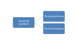 Abnormal
condition
Thrombocythemia
Thrombocytopenia
 