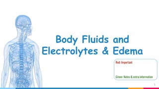 1
Body Fluids and
Electrolytes & Edema
Red: Important
Green: Notes & extra information
2
 