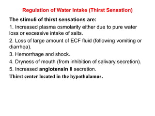 The stimuli of thirst sensations are:
1. Increased plasma osmolarity either due to pure water
loss or excessive intake of salts.
2. Loss of large amount of ECF fluid (following vomiting or
diarrhea).
3. Hemorrhage and shock.
4. Dryness of mouth (from inhibition of salivary secretion).
5. Increased angiotensin II secretion.
Thirst center located in the hypothalamus.
Regulation of Water Intake (Thirst Sensation)
 