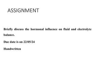ASSIGNMENT
Briefly discuss the hormonal influence on fluid and electrolyte
balance.
Due date is on 22/05/24
Handwritten
 