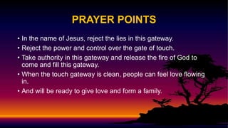PRAYER POINTS
• In the name of Jesus, reject the lies in this gateway.
• Reject the power and control over the gate of touch.
• Take authority in this gateway and release the fire of God to
come and fill this gateway.
• When the touch gateway is clean, people can feel love flowing
in.
• And will be ready to give love and form a family.
 