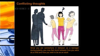 Conflicting thoughts

Since you are somewhere in between as a teenager
during puberty, you may feel stuck between how you were
as a child and how you wish to be as an adult.

 