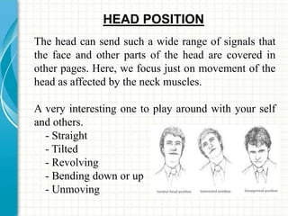 HEAD POSITION 
The head can send such a wide range of signals that 
the face and other parts of the head are covered in 
other pages. Here, we focus just on movement of the 
head as affected by the neck muscles. 
A very interesting one to play around with your self 
and others. 
- Straight 
- Tilted 
- Revolving 
- Bending down or up 
- Unmoving 
 