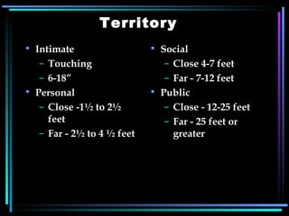 Territory Intimate Touching  6-18” Personal Close -1½ to 2½ feet Far - 2½ to 4 ½ feet Social  Close 4-7 feet Far - 7-12 feet Public  Close - 12-25 feet Far - 25 feet or greater  