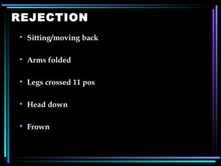 REJECTION Sitting/moving back Arms folded Legs crossed 11 pos Head down Frown   