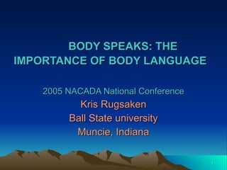 BODY SPEAKS: THE IMPORTANCE OF BODY LANGUAGE   2005 NACADA National Conference Kris Rugsaken Ball State university Muncie, Indiana 