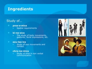 Ingredients prox·e·mics  Spatial requirements ki-ne-sics The study of body movements, gestures, facial expressions, etc.  ocu-les-ics Study of eye movements and contact chro-ne-mics Study of time in non verbal communication Study of… 