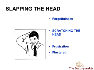 1010
SLAPPING THE HEAD
• Forgetfulness
• SCRATCHING THE
HEAD
• Frustration
• Flustered
 