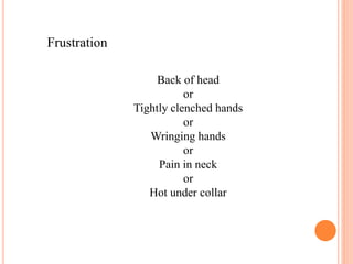 Frustration
Back of head
or
Tightly clenched hands
or
Wringing hands
or
Pain in neck
or
Hot under collar
 