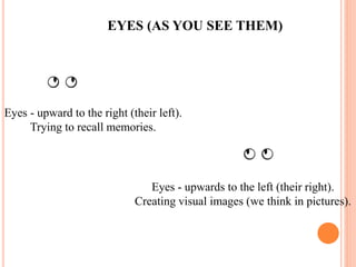 EYES (AS YOU SEE THEM)
Eyes - upward to the right (their left).
Trying to recall memories.
Eyes - upwards to the left (their right).
Creating visual images (we think in pictures).
 