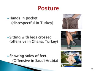  Hands in pocket
(disrespectful in Turkey)
 Sitting with legs crossed
(offensive in Ghana, Turkey)
 Showing soles of feet.
(Offensive in Saudi Arabia)
19
 