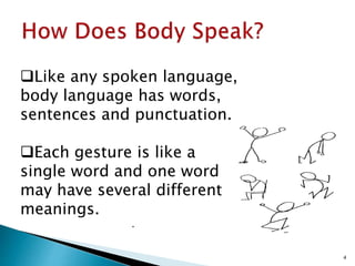 Like any spoken language,
body language has words,
sentences and punctuation.
Each gesture is like a
single word and one word
may have several different
meanings.
.
4
 