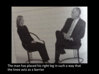 The man has placed his right leg in such a way that
the knee acts as a barrier
 
