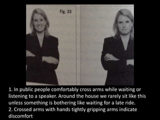 1. In public people comfortably cross arms while waiting or
listening to a speaker. Around the house we rarely sit like this
unless something is bothering like waiting for a late ride.
2. Crossed arms with hands tightly gripping arms indicate
discomfort
 