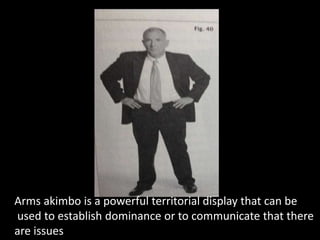 Arms akimbo is a powerful territorial display that can be
used to establish dominance or to communicate that there
are issues
 
