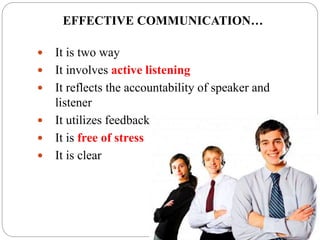  It is two way
 It involves active listening
 It reflects the accountability of speaker and
listener
 It utilizes feedback
 It is free of stress
 It is clear
EFFECTIVE COMMUNICATION…
 